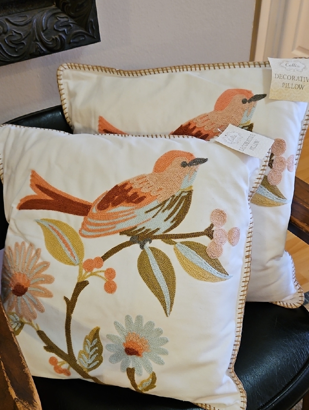 Two NWT Needlepoint Embroidered Throw Pillow 18x18 - Peachy Pink Pastels